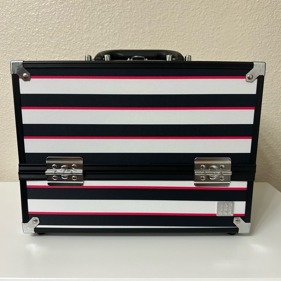 Caboodles Satin Black/White/Pink Striped Train Case - Picture 1 of 12